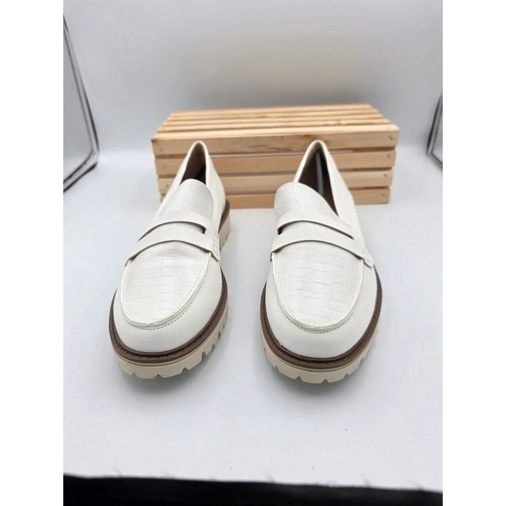 Kenly Loafers Women 8.5 White‎ Chunky Lug Sole Croc Embossed Penny Slip On Shoes